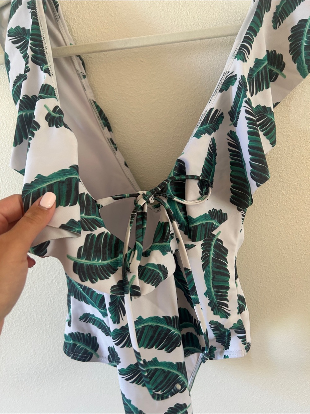 Zaful Deep V One-Piece Swimsuit with Ruffled Green Leaf Print - Picture 4 of 5